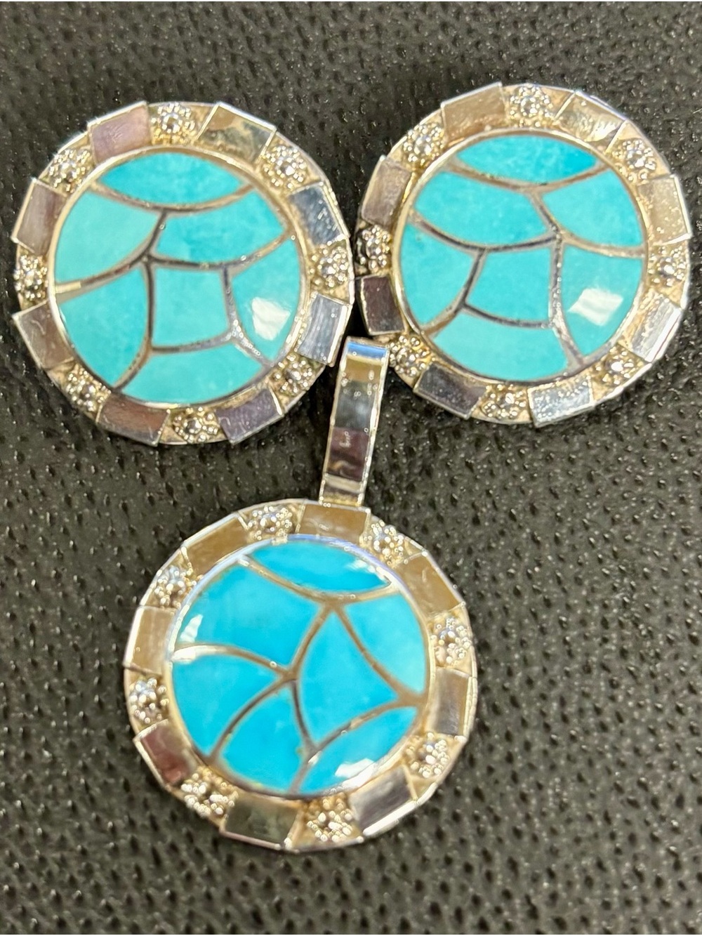 Turquoise Mosaic Round Drop Earrings & Pendant— Silver Inlay